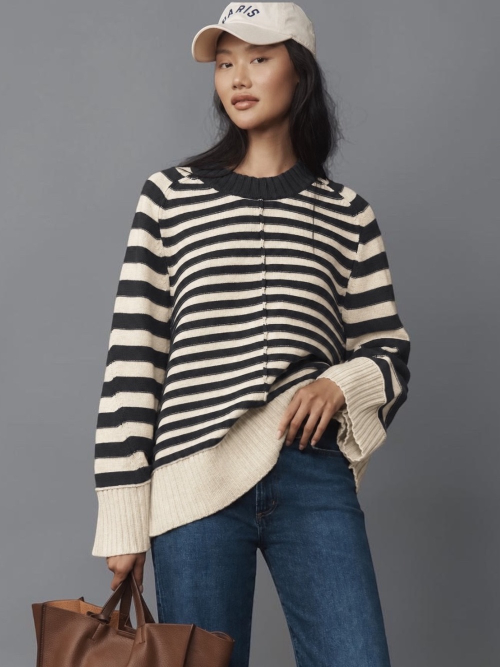Anthropologie Maeve The Chandler | Gray & Cream Striped Boxy Crew Sweater